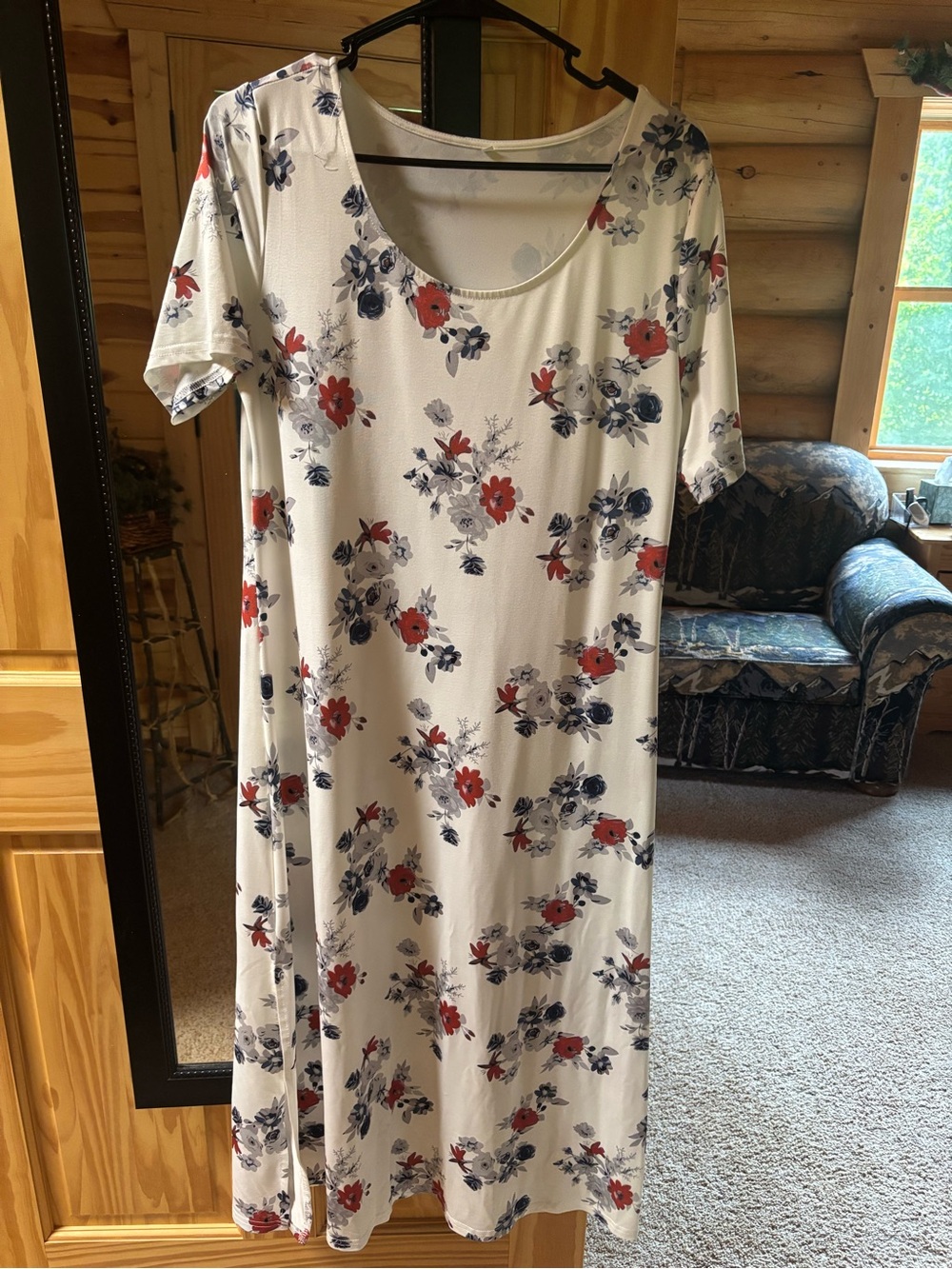 Women's White Floral Midi Dress with Red & Navy Blooms